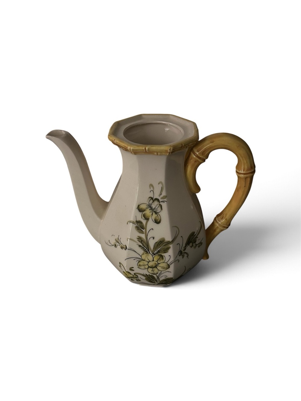 Ceramic Floral Teapot with Yellow Bamboo-Style Handle - Brand: